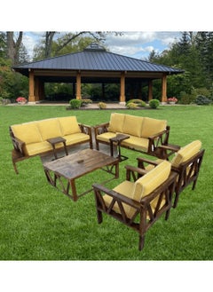 Mardod Saudi Outdoor Seating Set Made of Natural European Wood Consisting of a Three-Seater Sofa + a Two-Seater Sofa + 2 Chairs + a Coffee Table in the Middle + 2 Side Tables - Color: Yellow/Brown Wood - Model: MS_SET_WD_00014