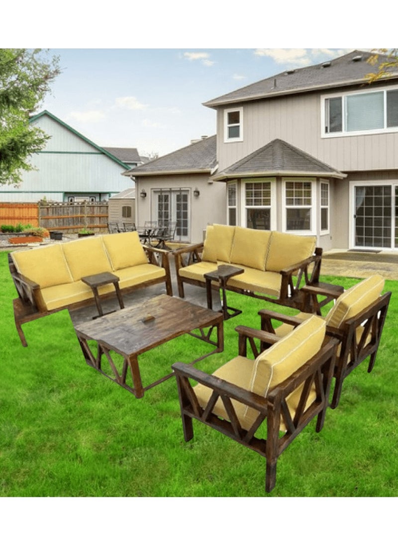 Generic - Mardod Saudi Outdoor Seating Set Made of Natural European Wood Consisting of a Three-Seater Sofa + a Two-Seater Sofa + 2 Chairs + a Coffee Table in the Middle + 2 Side Tables - Color: Yellow/Brown Wood - Model: MS_SET_WD_00014 - Image 1