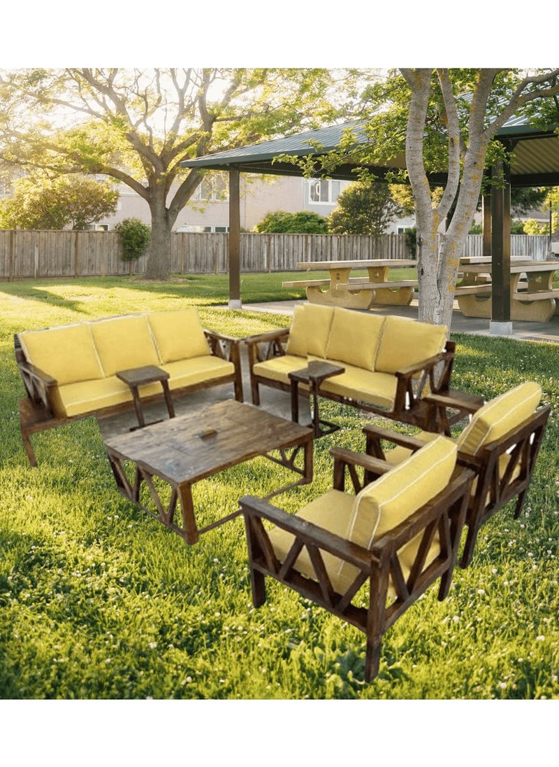 Generic - Mardod Saudi Outdoor Seating Set Made of Natural European Wood Consisting of a Three-Seater Sofa + a Two-Seater Sofa + 2 Chairs + a Coffee Table in the Middle + 2 Side Tables - Color: Yellow/Brown Wood - Model: MS_SET_WD_00014 - Image 1