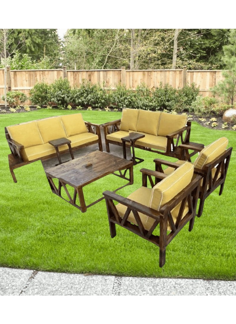 Generic - Mardod Saudi Outdoor Seating Set Made of Natural European Wood Consisting of a Three-Seater Sofa + a Two-Seater Sofa + 2 Chairs + a Coffee Table in the Middle + 2 Side Tables - Color: Yellow/Brown Wood - Model: MS_SET_WD_00014 - Image 1
