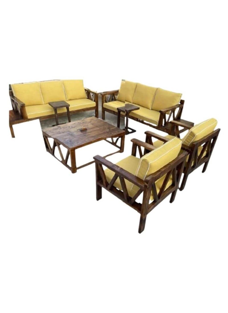 Generic - Mardod Saudi Outdoor Seating Set Made of Natural European Wood Consisting of a Three-Seater Sofa + a Two-Seater Sofa + 2 Chairs + a Coffee Table in the Middle + 2 Side Tables - Color: Yellow/Brown Wood - Model: MS_SET_WD_00014 - Image 1