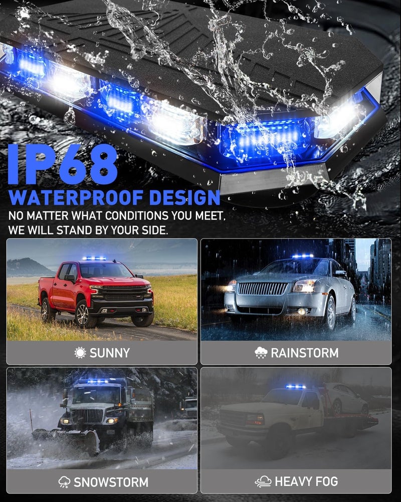 HLauto 406D Rooftop Emergency Strobe Lights Bar - 102 LED Blue White Mini Beacon Safety Flashing Warning Traffic Lights Bar with Magnetic Base for 12-24V Vehicles - Image 5