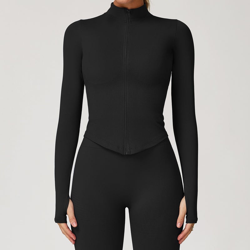 European and American Style Stand Collar Zipper Long Sleeve Yoga Jacket for Women - Tight-Fitting Quick-Drying Outdoor Fitness Top