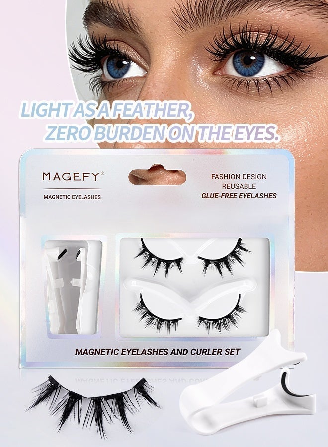 Magnetic False Eyelashes With Eyelash Curler, No Glue Required, Natural And Realistic 3D Effect, Waterproof False Eyelash Set, Reusable (2 pairs) - view 2