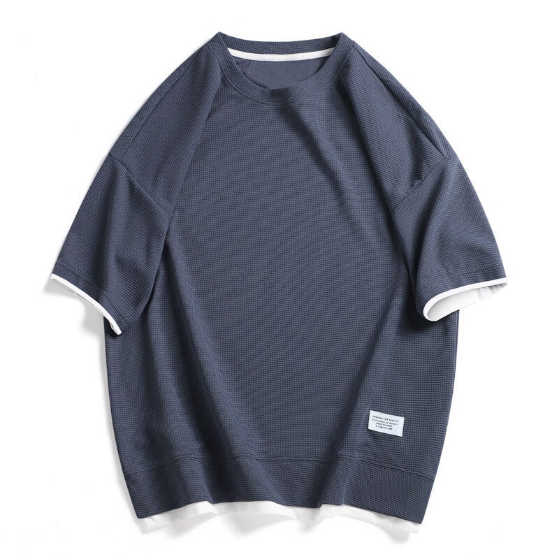 Casual Waffle T-Shirt Men'S Large Size Plus Fat Plus Korean Style Hong Kong Style Retro Youth Loose Version - Image 2