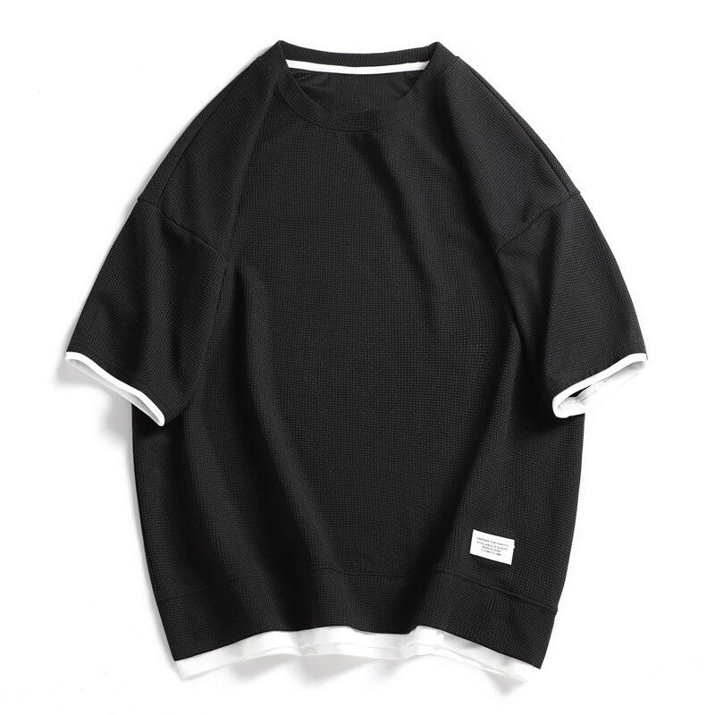 Casual Waffle T-Shirt Men'S Large Size Plus Fat Plus Korean Style Hong Kong Style Retro Youth Loose Version - Image 5