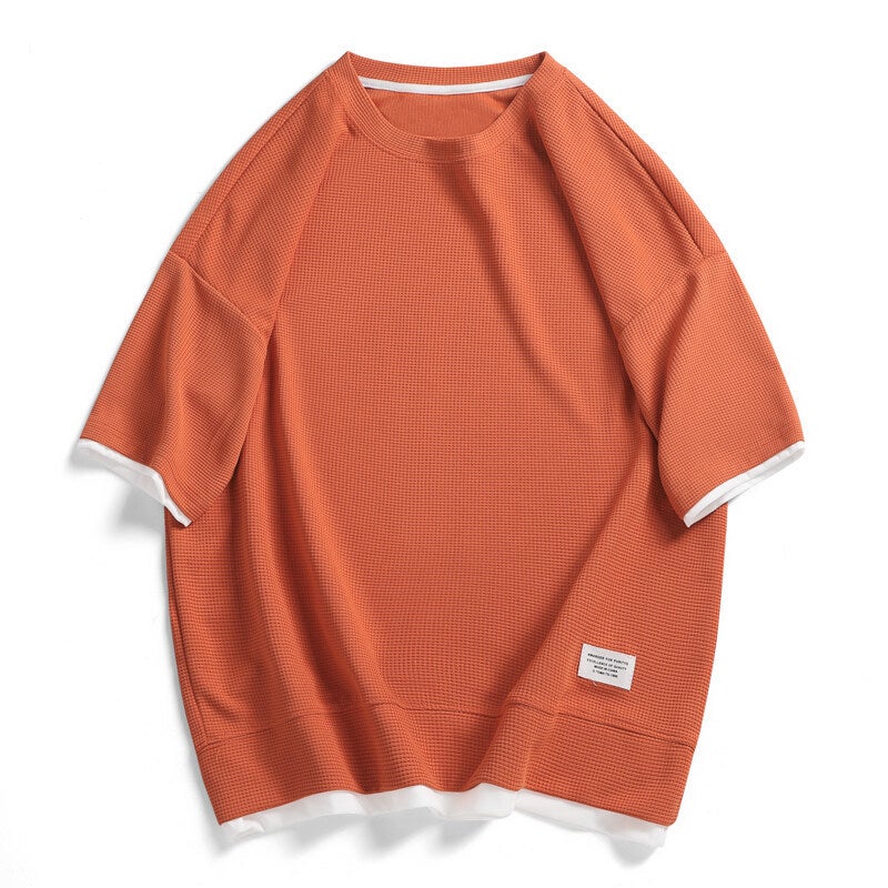 Casual Waffle T-Shirt Men'S Large Size Plus Fat Plus Korean Style Hong Kong Style Retro Youth Loose Version - Image 1