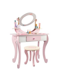 JSAITOYS Wooden Dressing Table And Chair Toy Girl Pink Simulation Playhouse Makeup Set  - Image 2