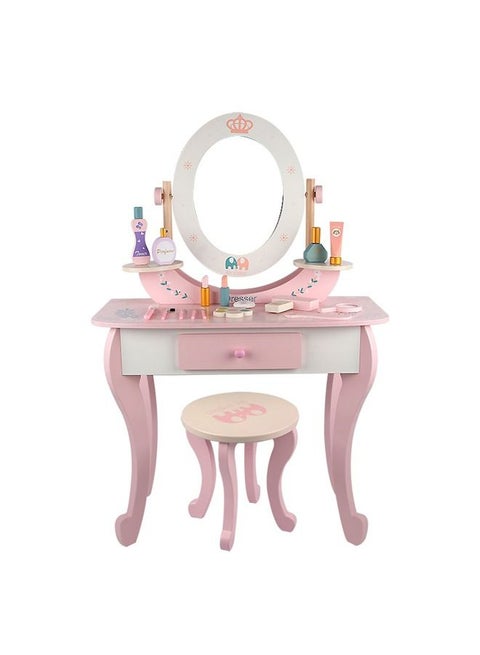 طاولة تزيين خشبية وكرسي لعبة فتاة الوردي محاكاة مسرح اللعب مجموعة ماكياج