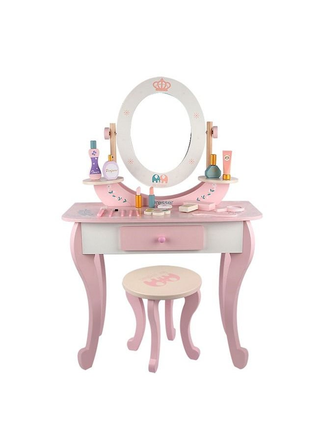 JSAITOYS Wooden Dressing Table And Chair Toy Girl Pink Simulation Playhouse Makeup Set  - Image 1