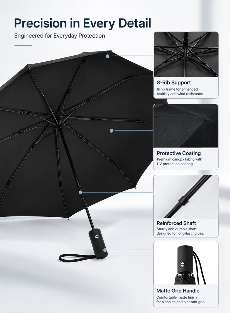 umbrella UPF 50+ UV Protection Umbrella, Automatic Open Close Compact Folding Travel Umbrella, 8-Rib Wind-Resistant Rain & Sun Umbrella, 97 cm, Black - Image 3