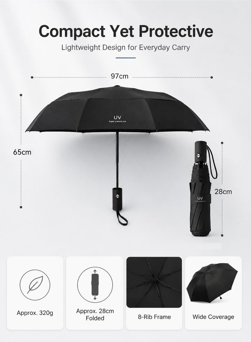 umbrella UPF 50+ UV Protection Umbrella, Automatic Open Close Compact Folding Travel Umbrella, 8-Rib Wind-Resistant Rain & Sun Umbrella, 97 cm, Black - Image 2