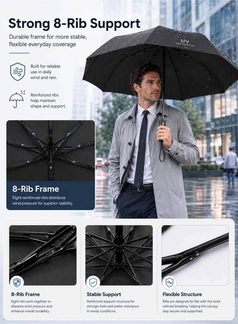 umbrella UPF 50+ UV Protection Umbrella, Automatic Open Close Compact Folding Travel Umbrella, 8-Rib Wind-Resistant Rain & Sun Umbrella, 97 cm, Black - Image 5