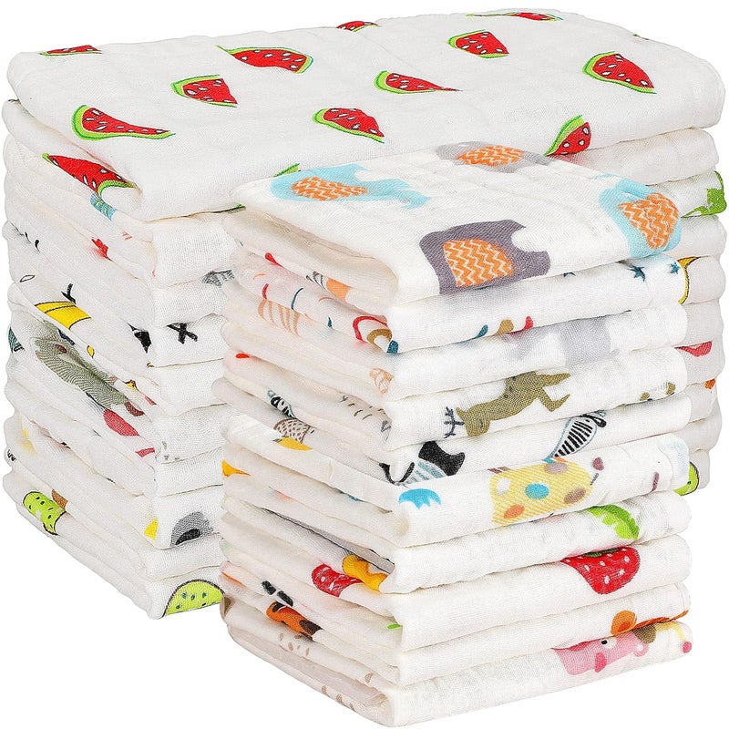 Kenning 20 Pack Muslin Baby Burp Cloths Large 20 x 10 Inches and 10 x 10 Inch Cotton Baby Burp Rags Cute Towel and Washcloths Face Towels 6 Layers Absorbent for Infant Shower 20 Styles - Image 1