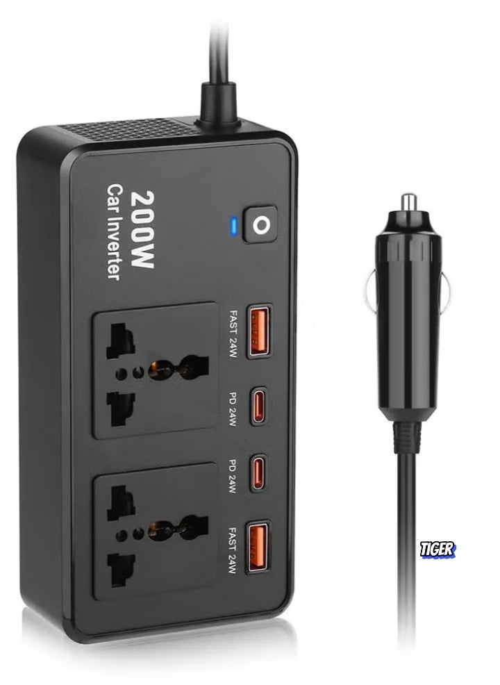 TIGER 200W Car Inverter 12V DC to 220V AC Power Adapter with 2 USB-A and 2 Type-C Ports for Laptop, Smartphone, Tablet, and Other Devices – Compact, Efficient, and Portable Car Charger  - Image 1