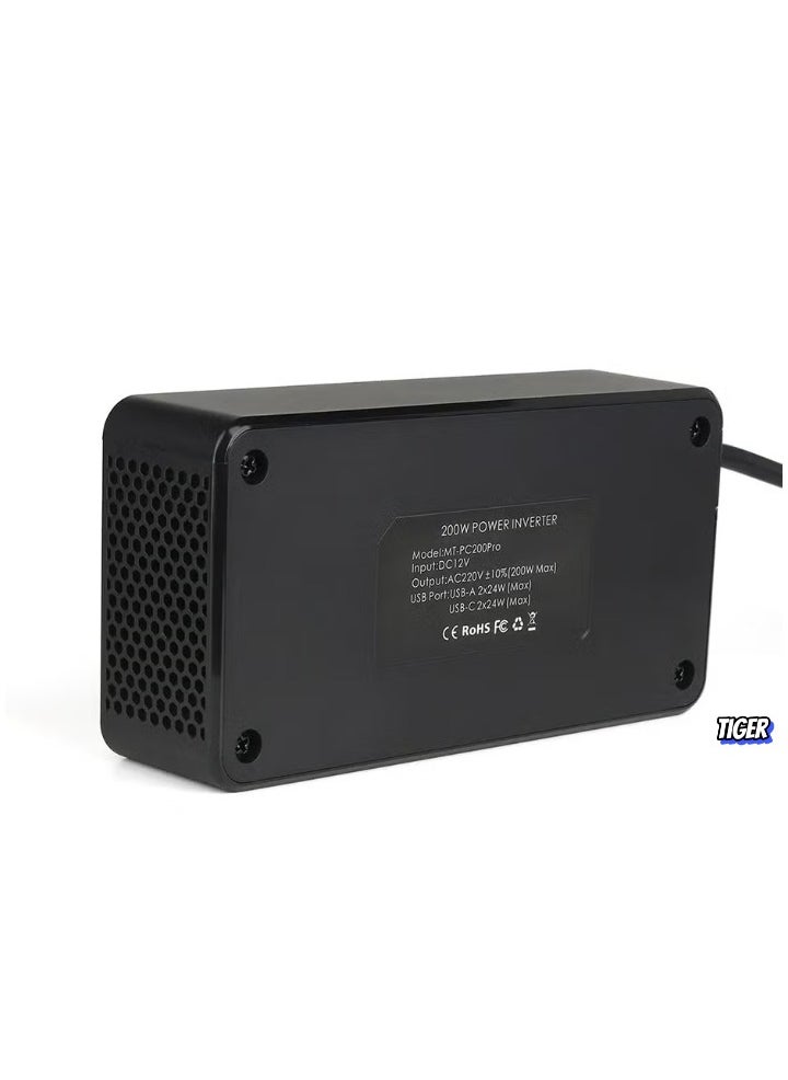TIGER 200W Car Inverter 12V DC to 220V AC Power Adapter with 2 USB-A and 2 Type-C Ports for Laptop, Smartphone, Tablet, and Other Devices – Compact, Efficient, and Portable Car Charger  - Image 2