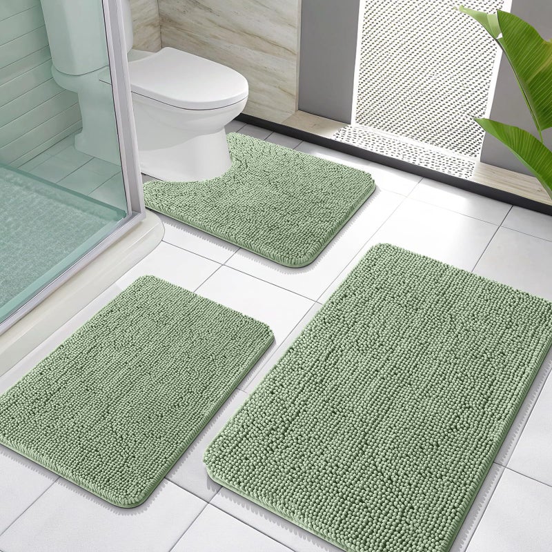 OLANLY Bathroom Rugs Sets 3 Piece, Soft Absorbent Chenille Bath Mats and U-Shaped Contour Toilet Rug, Quick Dry, Home Decor Accessories, Bath Mat Set for Bathroom (30"x20"+24"x16"+24"x20", Sage Green) - Image 1