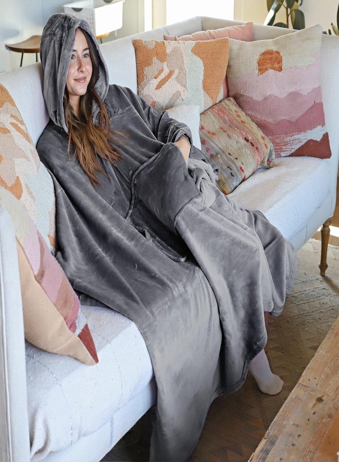 Tirrinia Hooded Poncho Blanket, Fleece Wearable Throw Wrap with Hood and Pocket, Warm Cozy Soft for Adult Women Men Kids, Indoor or Outdoor Grey - Image 2