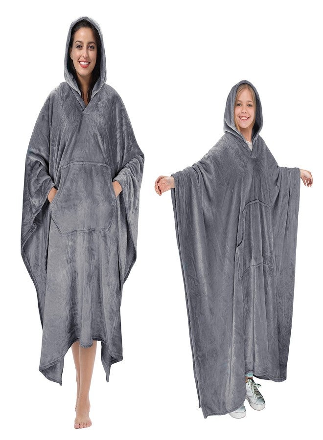 Tirrinia Hooded Poncho Blanket, Fleece Wearable Throw Wrap with Hood and Pocket, Warm Cozy Soft for Adult Women Men Kids, Indoor or Outdoor Grey - Image 1