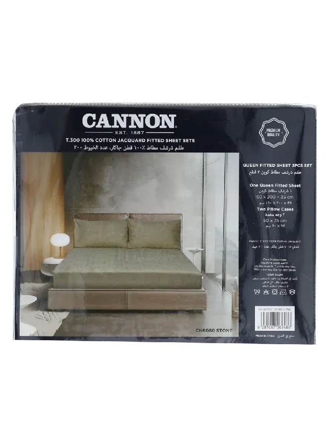 Cannon 3-Piece Premium Quality T300 Cotton Jacquard Fitted Sheet Set Stone Queen 6 x 30 x 25 cm CN Q3PCFTDT300-STND
