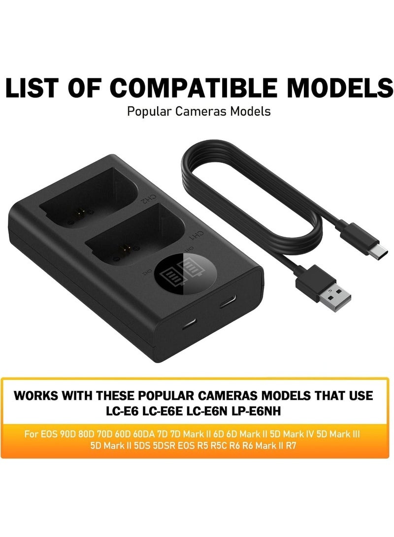 شاحن بطاريات كاميرا USB مزدوج متوافق مع بطاريات LP-E6 وLC-E6 وLC-E6N وEOS 90D و80D و70D و60D و60DA و7D Mark II و7D و6D Mark II و6D و5D Mark IV و5D Mark III و5D Mark II، مزود بشاشة LCD وشحن سريع. - Image 5