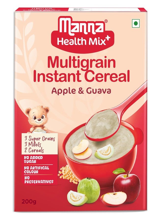 Manna Health Mix Instant Multigrain Cereal, Apple & Guava with Milk. Made with Real Fruits and 8 Supergrains and Millets. No Added Sugar, No Artificial Color, Flavors 200g - Image 1