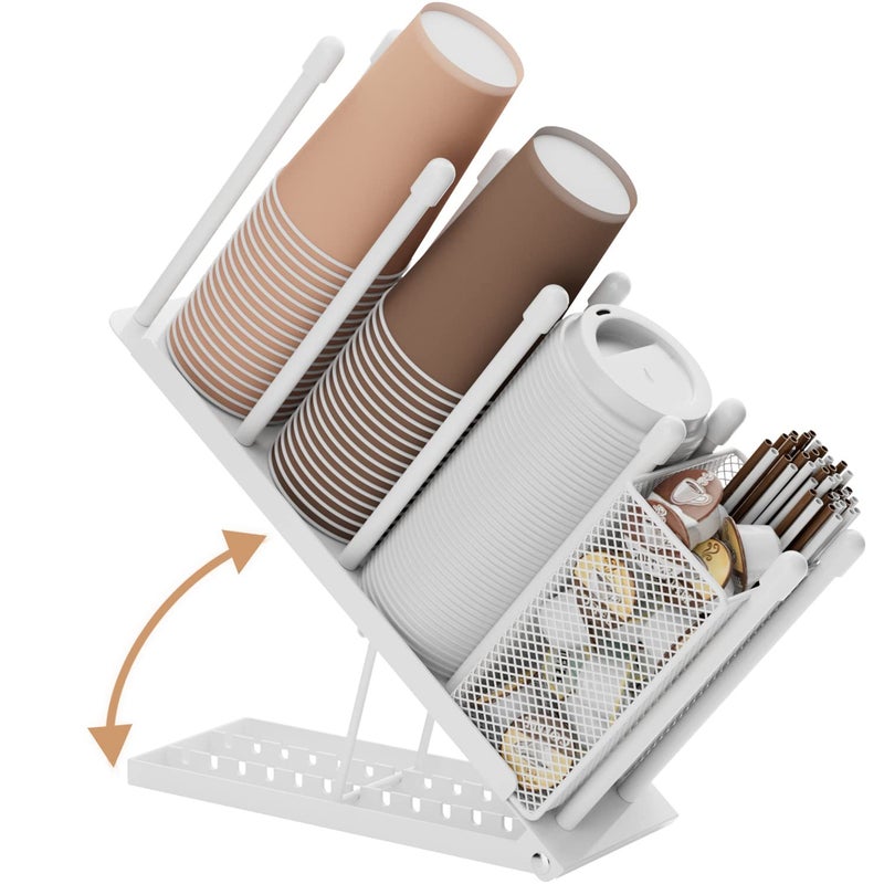 Ovicar Cup and Lid Holder  Adjustable Coffee Cup Holder Organizer 4 Compartment Disposable Cup Dispenser with Mesh Basket for Coffee Pod Straw Storage Metal White