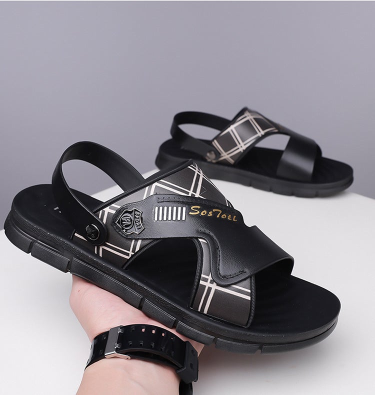 2025 New Summer Mens Sandals Soft-Soled Beach Non-Slip Two-Wear Wear-Resistant Thickened Breathable Bathing and Driving Slippers 9980 black (standard code)