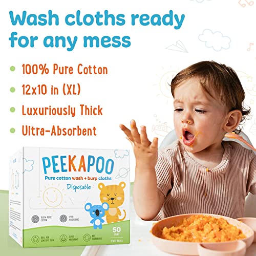 Peekapoo - Disposable Cotton Wash Cloths (50 Pack), Biodegradable, Soft, Thick, Baby Burp Cloths, Unscented, Hypoallergenic Burping Cloth, Sensitive Skin - Image 3