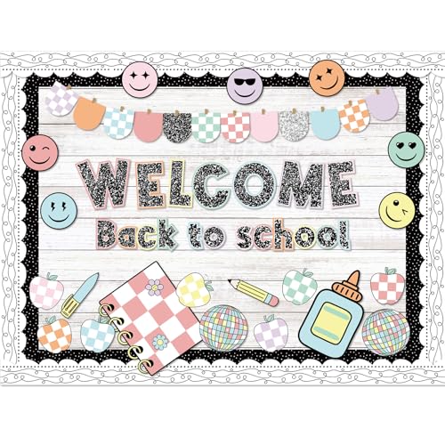 Mooliwe 94 Pcs Composition Notebook Classroom Decor Welcome Back to School Bulletin Board Set Checkered Classroom Decor Pencil Apple Paper Cutouts for First Day of School Party Wall Door(Natural) - Image 1