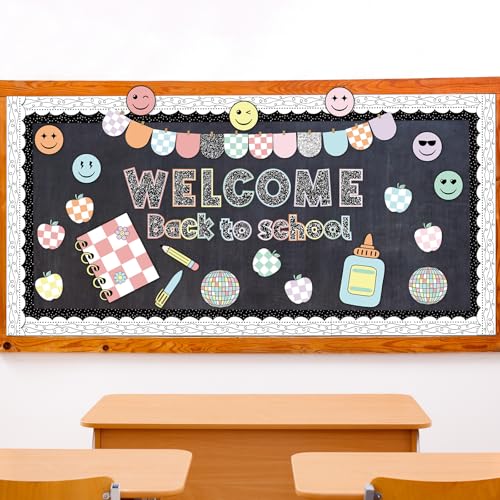 Mooliwe 94 Pcs Composition Notebook Classroom Decor Welcome Back to School Bulletin Board Set Checkered Classroom Decor Pencil Apple Paper Cutouts for First Day of School Party Wall Door(Natural) - Image 3