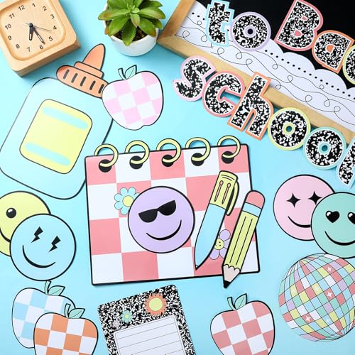 Mooliwe 94 Pcs Composition Notebook Classroom Decor Welcome Back to School Bulletin Board Set Checkered Classroom Decor Pencil Apple Paper Cutouts for First Day of School Party Wall Door(Natural) - Image 5