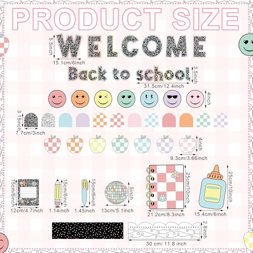 Mooliwe 94 Pcs Composition Notebook Classroom Decor Welcome Back to School Bulletin Board Set Checkered Classroom Decor Pencil Apple Paper Cutouts for First Day of School Party Wall Door(Natural) - Image 2