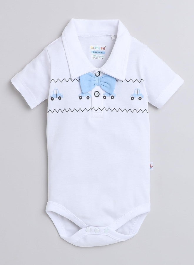 BUMZEE Sky Blue & White Boys Half Sleeves Bodysuit & Short Set With Bow Suspender & Cap Age - 6-9 Months (Peb9029D-sbl.wht) - Image 2