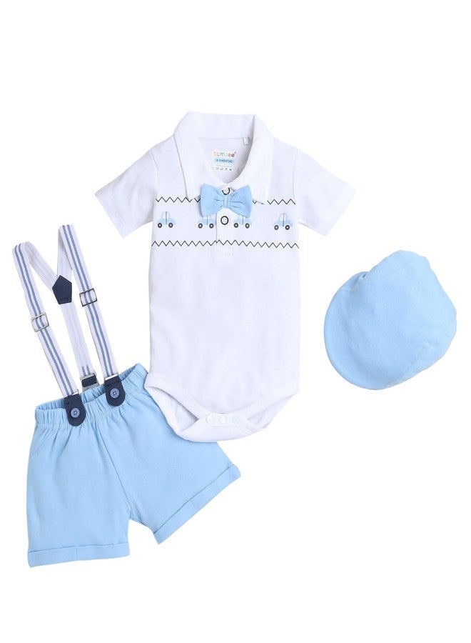 BUMZEE Sky Blue & White Boys Half Sleeves Bodysuit & Short Set With Bow Suspender & Cap Age - 6-9 Months (Peb9029D-sbl.wht) - Image 1