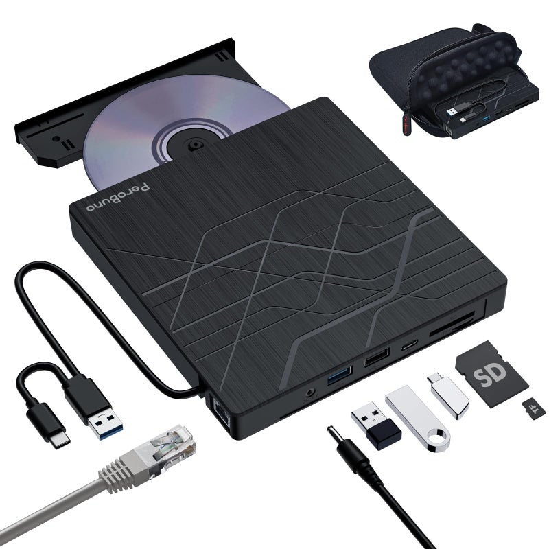 PeroBuno Super External CD DVD Drive, USB 3.0 DVD Burner with Ethernet Adapter, 3 USB and 2 TF/SD Card Ports, CD DVD Player Reader Writer Optical Disk Drive for Laptop PC Mac Windows Linux with Carrying Case - Image 1