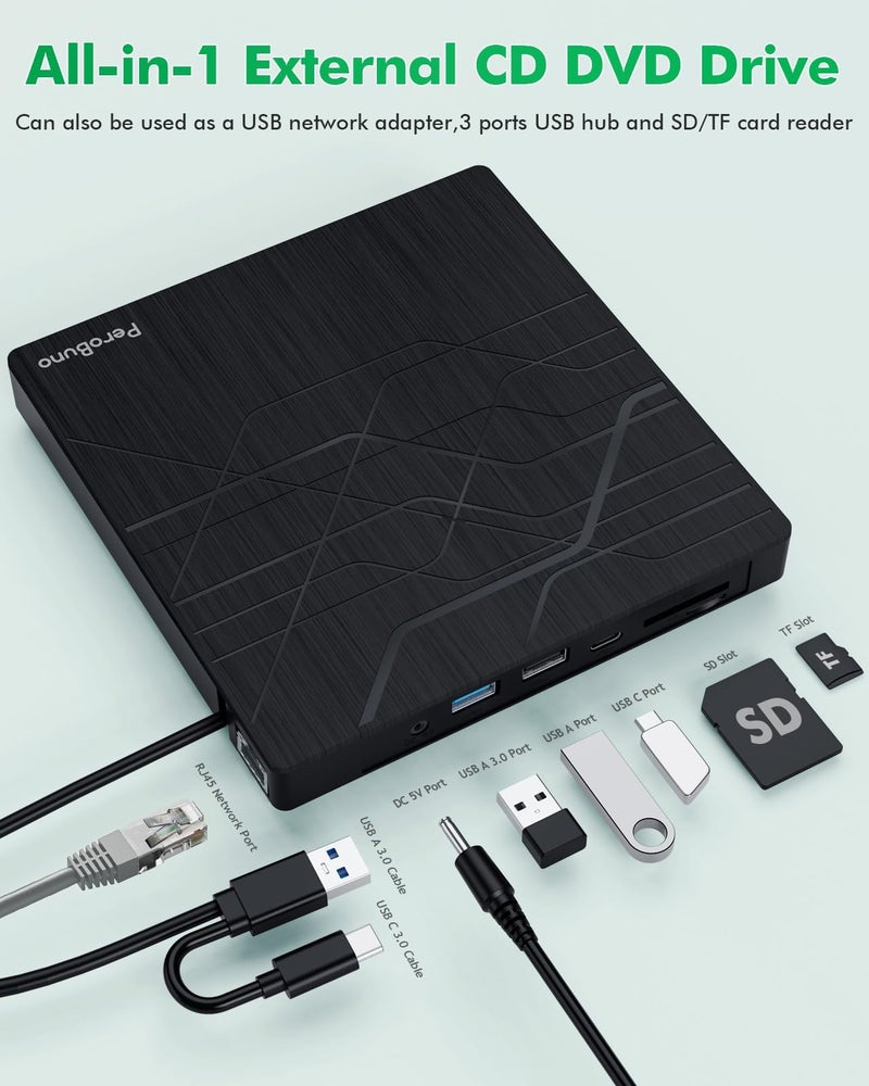 PeroBuno Super External CD DVD Drive, USB 3.0 DVD Burner with Ethernet Adapter, 3 USB and 2 TF/SD Card Ports, CD DVD Player Reader Writer Optical Disk Drive for Laptop PC Mac Windows Linux with Carrying Case - Image 3