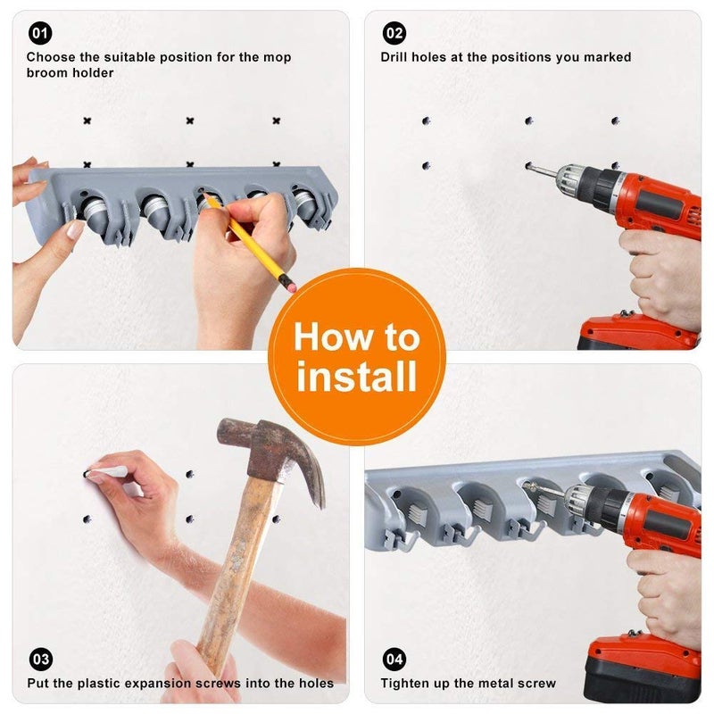 Zoxito Plastic Broom and Mop Holder Wall Mounted Hanger Organizer Stand 5 Positions with 6 Hooks and Holds Up to 11 Tools Multicolor 10 Inch - Image 2