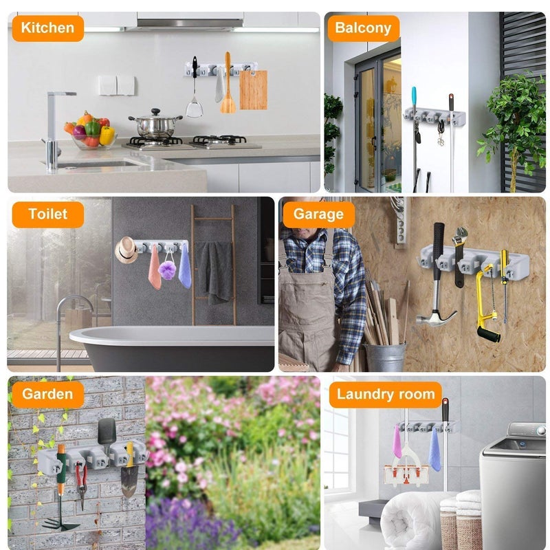 Zoxito Plastic Broom and Mop Holder Wall Mounted Hanger Organizer Stand 5 Positions with 6 Hooks and Holds Up to 11 Tools Multicolor 10 Inch - Image 4