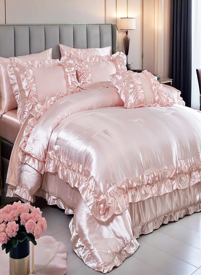MOVE OVER 8 Pieces Light Pink Comforter Set Queen Size Silk Like Satin Bed in a Bag Boho Chic Farmhouse Style Girls Pink Ruffled Comforter Sets for Bedroom Decor Luxury and Soft Silky Comforter Set - Image 2