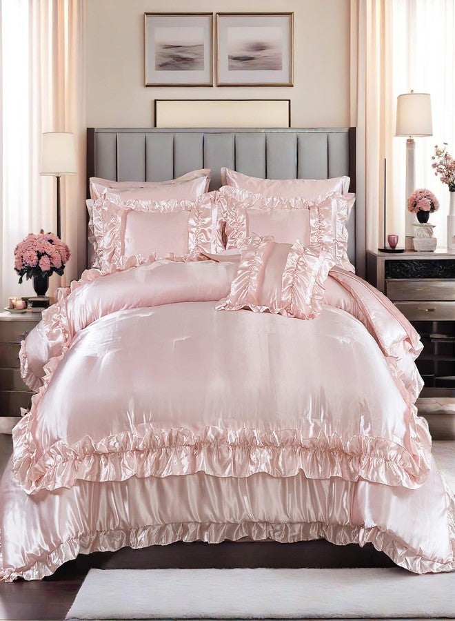 MOVE OVER 8 Pieces Light Pink Comforter Set Queen Size Silk Like Satin Bed in a Bag Boho Chic Farmhouse Style Girls Pink Ruffled Comforter Sets for Bedroom Decor Luxury and Soft Silky Comforter Set - Image 1
