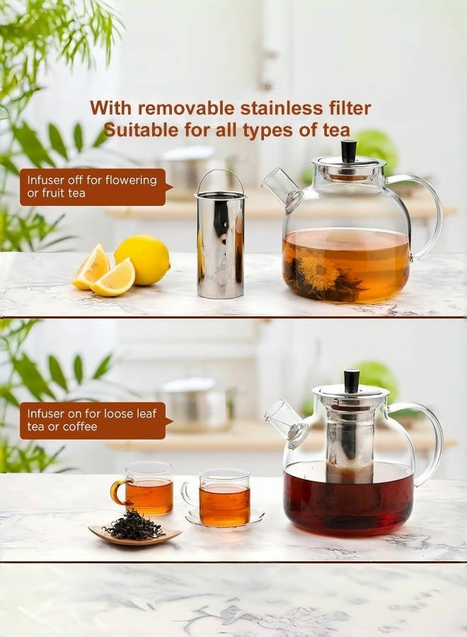 متجر الفرح إبريق شاي زجاجي كبير سعة 1500 مل (50 أونصة) مع مصفاة قابلة للإزالة، إبريق شاي آمن للاستخدام على الموقد، غلاية يدوية الصنع مع مصفاة من الفولاذ المقاوم للصدأ - Image 3