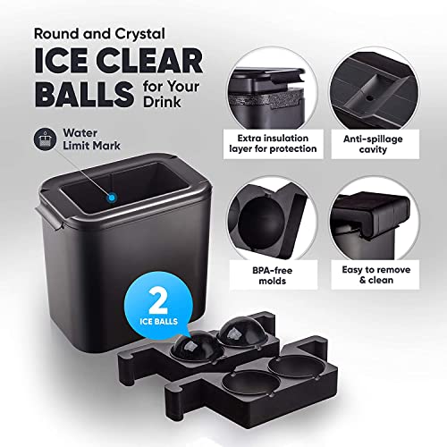 Karp Crystal Clear Ice Ball Maker - 2.35 Inch Large Round Clear Ice Ball Spheres Mold For Cocktail, Whiskey & Bourbon Drinks, Gifts For Men - Silicone, Black - Image 2