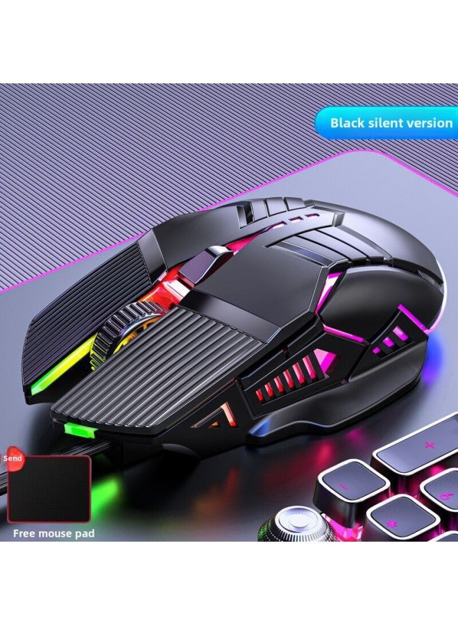 Desktop Game Mouse Home Notebook Wired Usb Internet Cafe Mechanical Electric Competition Computer Special Mute None-Color:6-button Cool Black + Free Mouse Pad / Colorful Breathing Light + 4-speed Dpi Adjustment + Silent Version [  - Image 1