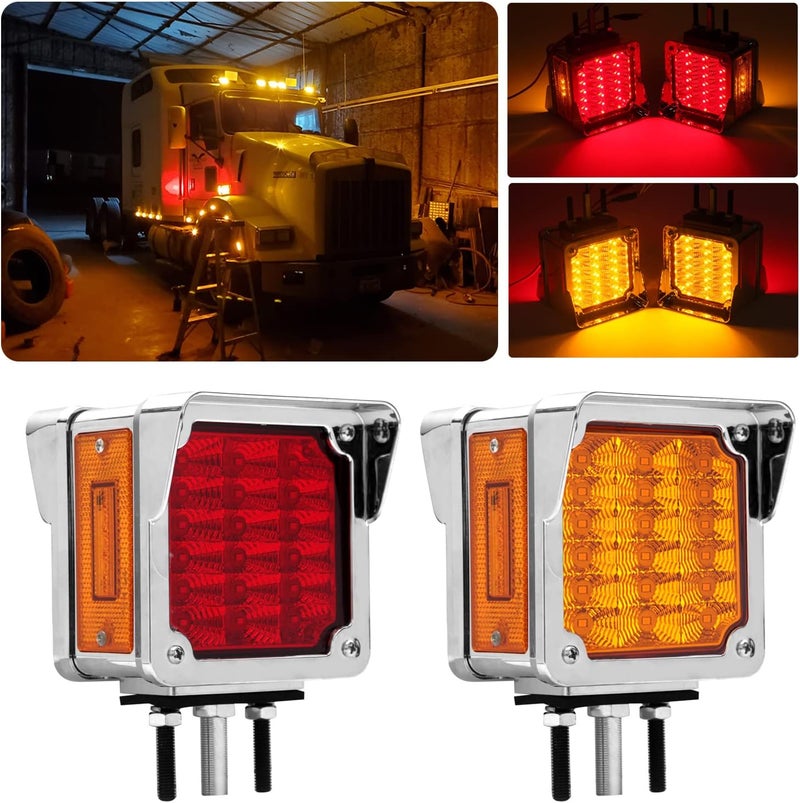 Konrali 2Pcs Double Face Square LED Fender Pedestal Turn Signal Lights Amber/Red with Chrome Visor - Image 1