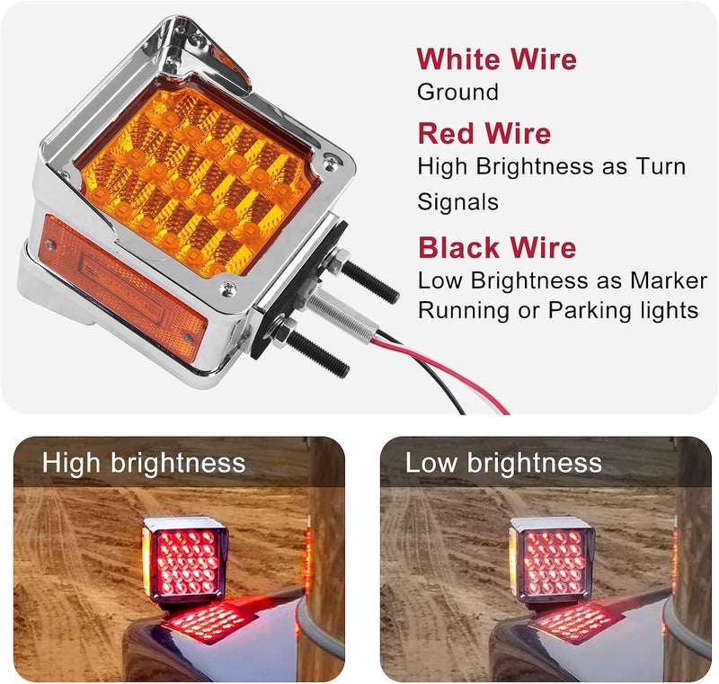 Konrali 2Pcs Double Face Square LED Fender Pedestal Turn Signal Lights Amber/Red with Chrome Visor - Image 5