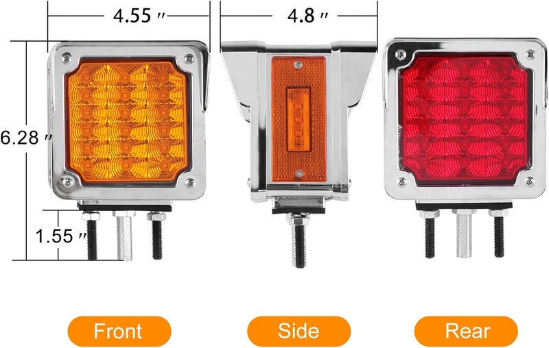 Konrali 2Pcs Double Face Square LED Fender Pedestal Turn Signal Lights Amber/Red with Chrome Visor - Image 4