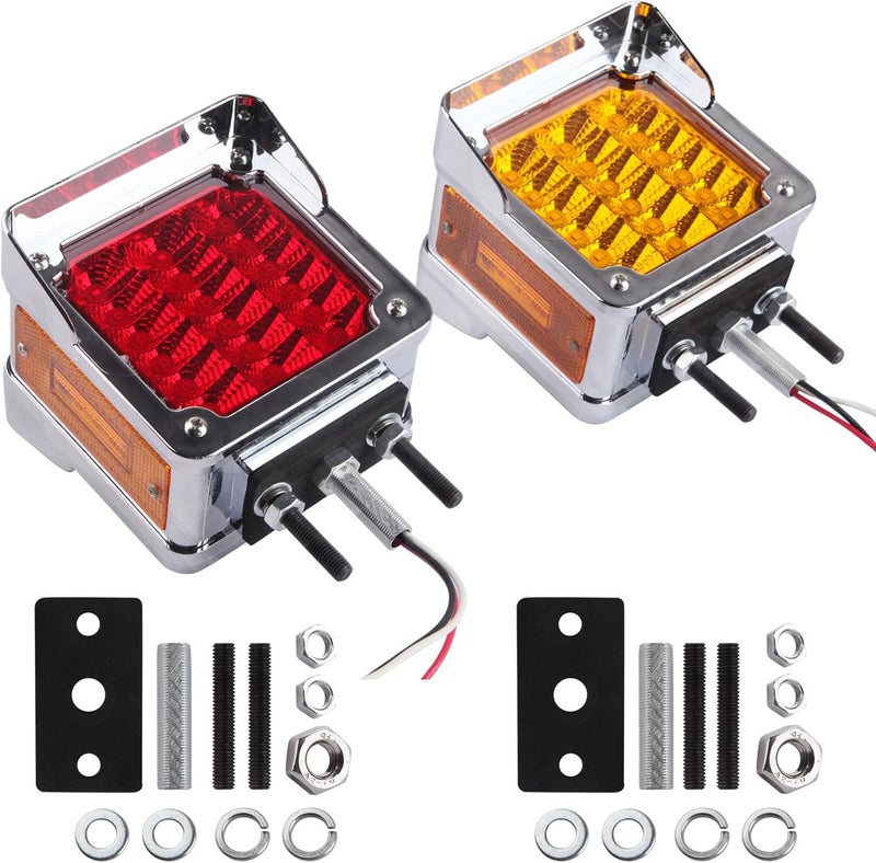 Konrali 2Pcs Double Face Square LED Fender Pedestal Turn Signal Lights Amber/Red with Chrome Visor - Image 2