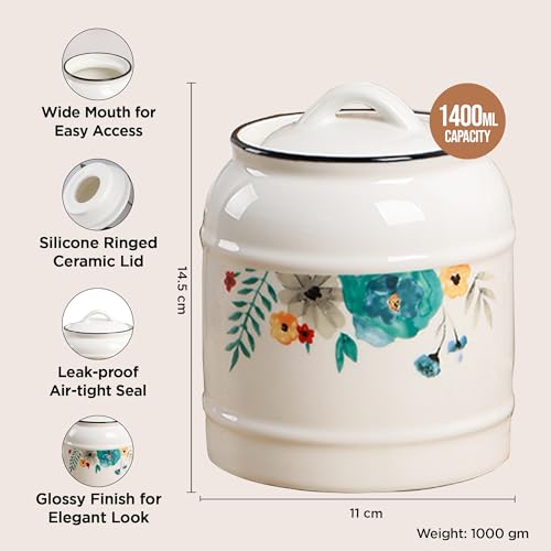 UMAI Ceramic Jar for Kitchen Storage with Lid | Airtight Ceramic Container | Multipurpose Kitchen Storage Jars and Containers | White | Printed (1 Jar) (1400ml) - Image 4