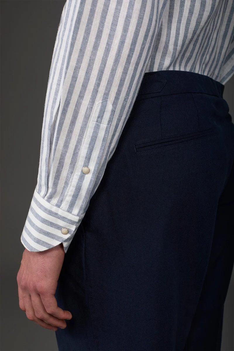 Doppelganger Multicolour Men's casual shirt with French collar in striped washed linen and cotton fabric - White/Sky for Men | Best Price UAE